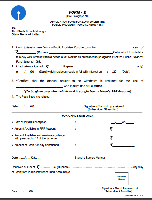 SBI PPF Loan Form D